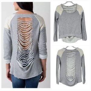 Miss Me Gray French Terry Shredded Back Sweatshirt Lace Trim Frayed Edgy Punk S